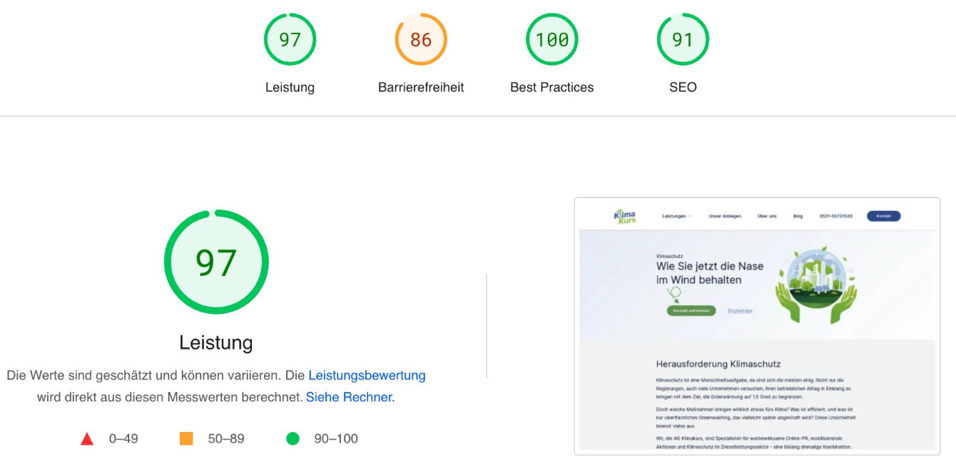 Ergebnis von Google Pagespeed
